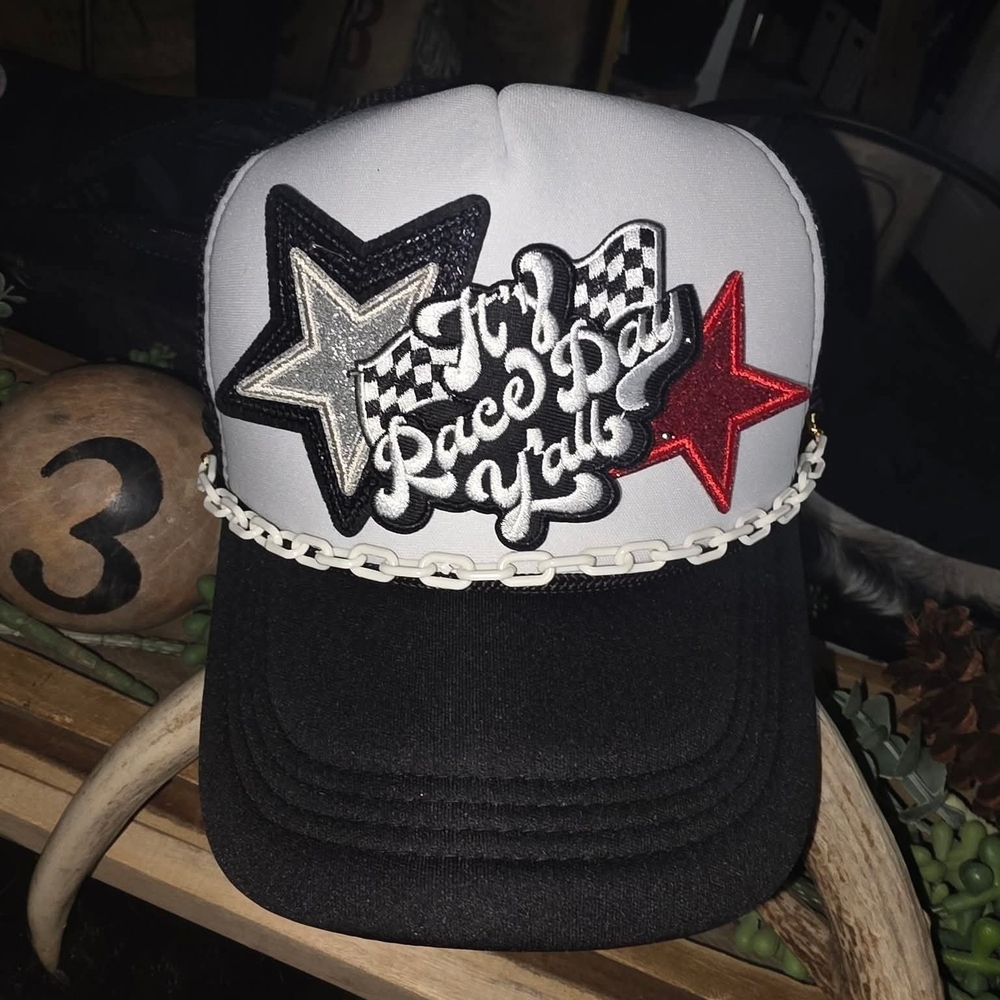 Trucker Cap with Star Patches and Chain Accent - Black & White